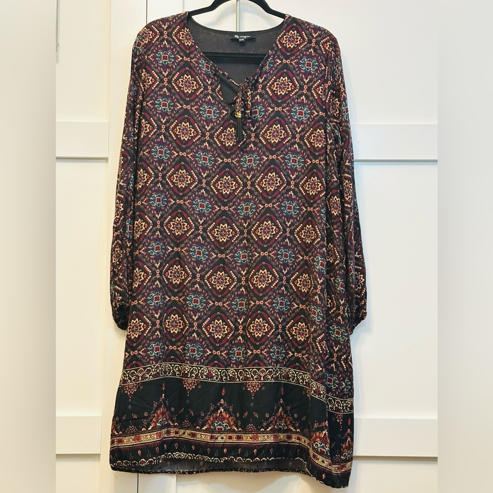 LILY MORGAN Dress Burgundy Yellow Suede Tassel Ties Long Sleeve Sz XL